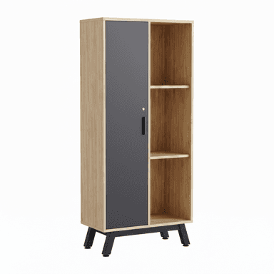 A tall, narrow freestanding storage unit featuring an asymmetrical two-tone design. The left side consists of a closed cabinet with a dark grey door and a silver keyhole, while the right side contains three open shelves in a light wood-look finish. The unit is supported by four angled black metal legs, with two at the front and two at the back, attached to a black base. — 3D model (AI enhanced source)