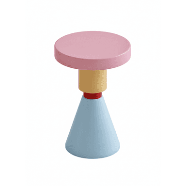 A postmodern-style accent table featuring a distinctive stacked geometric design and a vibrant, multi-colored palette. It has a round pink top, a short yellow cylindrical segment, a small red disc, and a light blue conical base, all arranged vertically. — 3D model (AI enhanced source)
