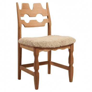 A light-colored wooden side chair featuring a distinctive carved backrest with cutout designs and a thick, shaggy upholstered seat. — 3D model (AI enhanced source)