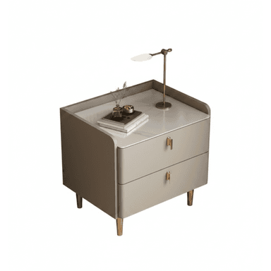 A modern nightstand featuring two drawers, a white marble top, rounded edges, and tapered wooden legs. It has minimalist brass pull handles. — 3D model (AI enhanced source)