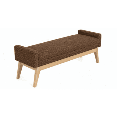 A contemporary upholstered bench featuring a long, rectangular seat and integrated low armrests at both ends, all covered in a brown, textured fabric. The bench is supported by four tapered, splayed legs made of light-toned wood, providing a minimalist aesthetic. — 3D model (AI enhanced source)