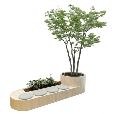 A modern, light-toned wooden modular unit combining a bench with integrated planter sections. One end features a large cylindrical planter housing a small tree, while the other end forms an elongated, oval-shaped bench with four round, grey cushioned seats, separated by a rectangular planter bed containing smaller foliage. The design is sleek and minimalist, emphasizing natural materials and biophilic integration. — 3D model (AI enhanced source)