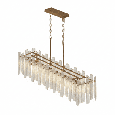 A rectangular chandelier featuring a brass-tone metal frame adorned with numerous vertical, rough-cut, textured clear glass panels. It is suspended by two chains connected to a rectangular ceiling canopy, providing overhead illumination. — 3D model (AI enhanced source)