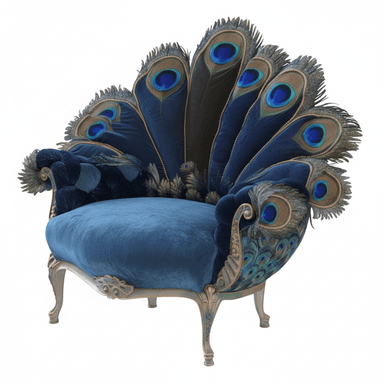 An opulent armchair featuring a distinctive fan-shaped backrest adorned with peacock feathers and deep blue velvet upholstery. The chair's frame is carved wood with a gilded or bronze finish, displaying ornate scrollwork. The seat and armrests are plushly upholstered in blue velvet, with some areas of the arms and lower back also incorporating peacock feather designs. — 3D model (AI enhanced source)