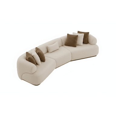 A modular, curved sectional sofa upholstered in a light beige fabric. It features a low profile, rounded arms, and a series of connecting sections that create a flowing silhouette. The sofa is adorned with several throw pillows in complementary shades of cream and brown. — 3D model (AI enhanced source)
