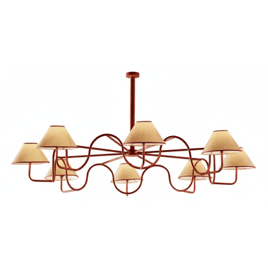 A decorative chandelier with a central rod from which several curved metal arms extend, supporting eight conical lampshades. The metal structure has a reddish-brown hue and features a flowing, organic design. The lampshades are a light beige color with a darker trim. — 3D model (AI enhanced source)