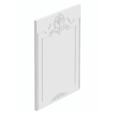 A white, rectangular panel featuring intricate, relief-carved ornamentation in a classical Baroque style, framed by simple moldings. — 3D model (AI enhanced source)