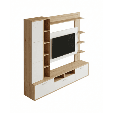 A modern and modular entertainment wall unit featuring a two-tone design of light wood-look finish and white panels. It is designed to accommodate a television within a central recessed panel. The unit comprises multiple storage elements including closed cabinets, drawers, and open shelves, offering versatile storage and display options. The left side features a tall cabinet section with white doors and integrated open shelving. The right side has a series of floating-style shelves. The base consists of several drawers and open compartments, providing space for media devices. The overall aesthetic is clean, functional, and contemporary. — 3D model (AI enhanced source)