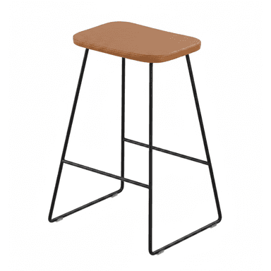 A modern bar stool featuring a rectangular, saddle-shaped seat upholstered in brown faux leather, supported by a minimalist black metal frame with integrated footrests. — 3D model (AI enhanced source)