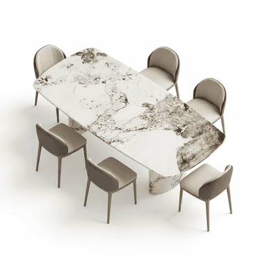 A modern dining set featuring a rounded rectangular marble-top table with a single pedestal base, accompanied by six contemporary upholstered dining chairs with curved backs and tapered legs. — 3D model (AI enhanced source)