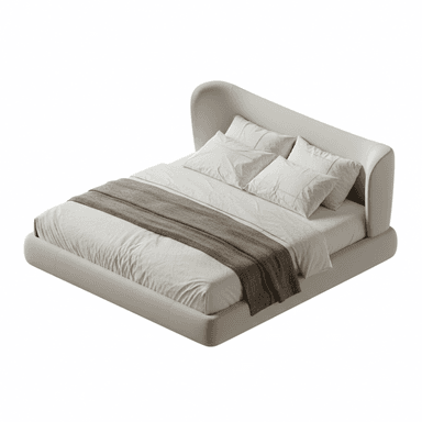 A contemporary upholstered platform bed featuring a low-profile frame and an integrated, gently curved headboard. The entire structure is covered in a light, neutral-toned fabric, giving it a soft and inviting appearance. — 3D model (AI enhanced source)