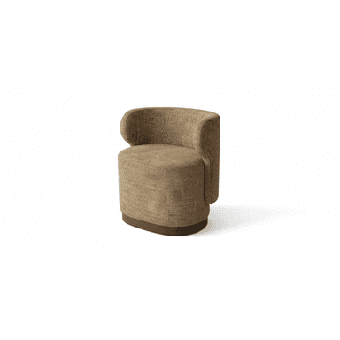 A compact, barrel-shaped armchair with a rounded backrest and integrated armrests. The upholstery features a textured woven fabric. It is supported by a dark, low-profile base. — 3D model (AI enhanced source)
