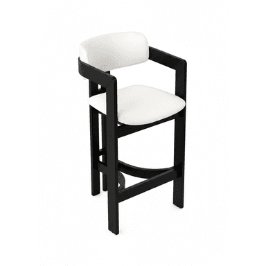 A modern bar stool featuring a solid black wooden frame and white upholstered seat and backrest. The stool has integrated armrests that form part of the continuous frame structure. A circular footrest connects the front legs, providing stability and comfort. — 3D model (AI enhanced source)