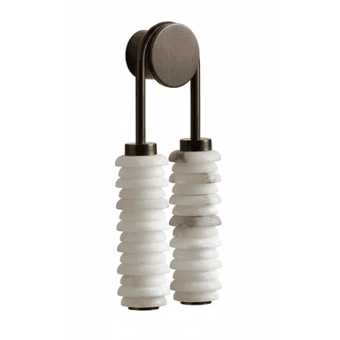A wall-mounted lamp with a dual cylindrical shade design. The fixture features a brushed metallic finish on its mounting hardware and support arms, with two vertical suspension elements. Each suspension element terminates in a stacked, cylindrical shade crafted from a translucent, possibly alabaster or marble-like material, showing natural striations and variations in color. — 3D model (AI enhanced source)