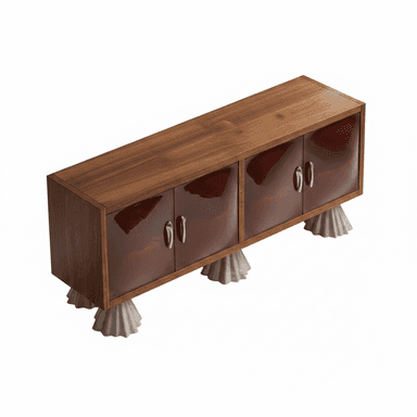 A long, rectangular sideboard featuring a walnut wood frame and top surface. The front is composed of four individual cabinet doors with a high-gloss, deep reddish-brown lacquered finish. Each pair of doors is equipped with two horizontal, silver-toned bar pulls. The entire cabinet is elevated on four distinctive, sculptural, conical legs with a fluted or pleated texture, appearing to be made from a light-colored composite or concrete material. The design combines classic wood elements with contemporary finishes and an abstract base. — 3D model (AI enhanced source)