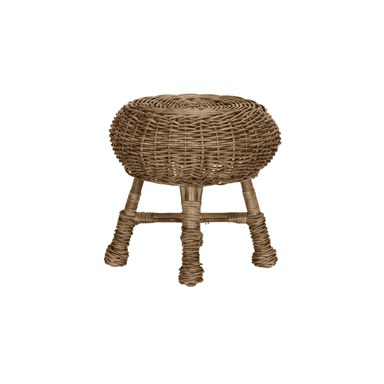 A small, round stool constructed from woven rattan or wicker. It features a rounded, basket-like seat and three legs, also woven, connected by horizontal bracing elements. The overall construction is rustic and natural. — 3D model (AI enhanced source)