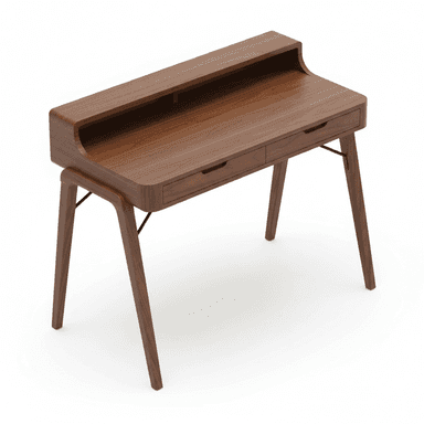 A modern wooden desk featuring a raised hutch for organizational storage and two integrated drawers beneath the main work surface. The desk is supported by four outwardly angled, tapered legs, and exhibits rounded edges throughout its design. — 3D model (AI enhanced source)