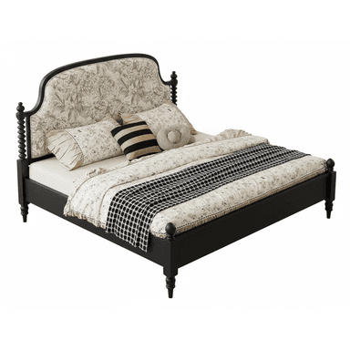 A traditional-style bed featuring a black painted wooden frame with turned posts at all four corners and a footboard. The headboard is upholstered with a light-colored fabric displaying a dense botanical pattern in a darker tone, encased in a curved black wooden frame. The bed is dressed with an assortment of pillows and a duvet, showcasing various patterns including stripes, solids, and a small floral motif, with a black and white checked throw blanket across the foot. — 3D model (AI enhanced source)