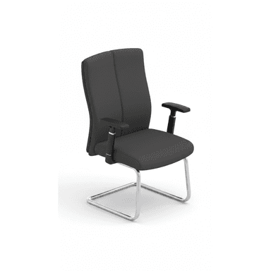 A contemporary office guest chair featuring dark gray upholstered seat and backrest, supported by a chrome-plated steel sled base. The chair includes black T-shaped armrests, and the backrest is subtly contoured. — 3D model (AI enhanced source)