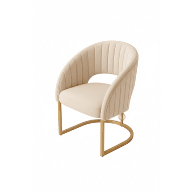An elegant modern armchair featuring channel-tufted velvet upholstery in a light beige or cream color. The chair has a curved backrest that integrates seamlessly into armrests, and a distinctive open design at the lower back. It is supported by a glossy gold-finished metal sled base, which forms a continuous U-shape from front to back. The overall aesthetic is one of contemporary sophistication with a touch of glam. — 3D model (AI enhanced source)