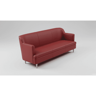 A contemporary three-seater sofa upholstered in a rich red material, likely leather or faux leather. It features a gently curved backrest that seamlessly transitions into low, squared-off track arms. The seating area consists of three defined cushions, and the back appears to have horizontal stitching suggesting separate back cushions. The sofa is supported by four slender, tapered metal legs in a silver or chrome finish. — 3D model (AI enhanced source)