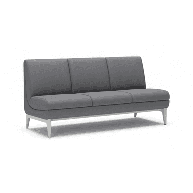An armless three-seater sofa featuring grey upholstery, distinct segmented back and seat cushions, and a minimalist design supported by light-colored metal legs. — 3D model (AI enhanced source)