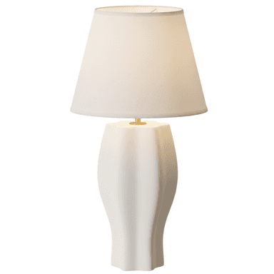 A modern table lamp featuring a sculptural, fluted ceramic base in a matte white finish, topped with a complementary tapered fabric lampshade. A small brass finial is visible between the base and the shade. — 3D model (AI enhanced source)