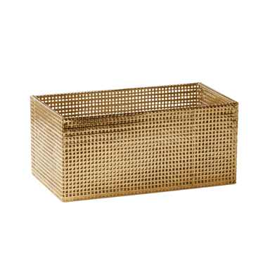 A rectangular storage basket crafted from perforated metal, featuring a radiant gold finish. Its design is characterized by a grid of small, square perforations across all visible surfaces. — 3D model (AI enhanced source)
