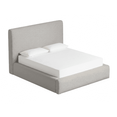 A modern platform bed, fully upholstered in a light grey or oatmeal-colored textured fabric. It features a streamlined, low-profile design with a built-in rectangular headboard and rounded edges on the frame. The bed frame encloses a mattress, which is visible with white sheets and two white pillows. — 3D model (AI enhanced source)