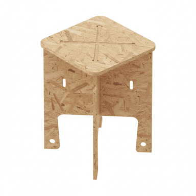A small, four-legged stool constructed from oriented strand board (OSB). The top surface is square with rounded corners and features incised cross-shaped lines. The legs are trapezoidal in shape with cutout sections and a circular hole at the bottom of each, possibly for assembly or decoration. The stool has a minimalist, modern aesthetic and appears to be designed for flat-pack assembly. — 3D model (AI enhanced source)