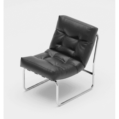 A modern lounge chair with a tufted seat and backrest, supported by a polished chrome tubular frame. The chair has a low profile and appears to be upholstered in black leather. — 3D model (AI enhanced source)