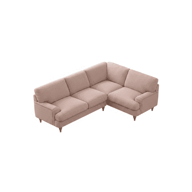 This is an L-shaped sectional sofa featuring light pink upholstery, plush seat and back cushions, and elegantly rolled armrests. It rests on short, tapered wooden legs, contributing to a refined yet comfortable aesthetic. — 3D model (AI enhanced source)