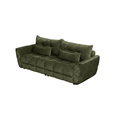 A modern sofa upholstered in a deep green fabric, featuring tufted seat cushions and plush back cushions. The sofa has wide, slightly rolled or flared arms and comes with additional accent pillows for comfort. It appears to be a three-seater or a very generous two-seater, designed for comfort and contemporary aesthetics. The base is not clearly visible but seems to have small, discreet feet. — 3D model (AI enhanced source)