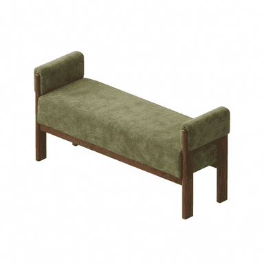 An upholstered bench featuring a dark wooden frame and a rectangular seat with integrated padded armrests at both ends. The upholstery is a textured olive-green fabric. — 3D model (AI enhanced source)