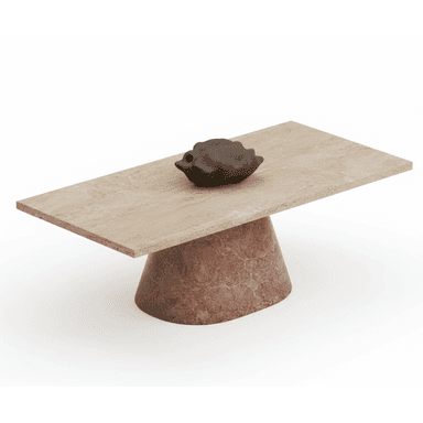 A low-profile coffee table featuring a rectangular, light beige travertine top supported by a conical, reddish-brown marble base. The design is modern and minimalist, highlighting the natural patterns and textures of the stone materials. — 3D model (AI enhanced source)