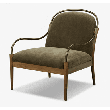 A contemporary accent armchair featuring a deep olive green upholstered seat and back, supported by a wooden base and frame, with elegant curved metal armrests and back support. — 3D model (AI enhanced source)