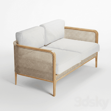 A contemporary two-seater loveseat featuring a light oak wood frame with woven cane panels on the sides and back, complemented by light-colored upholstered cushions. — 3D model (AI enhanced source)