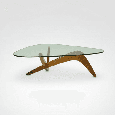 A low-profile coffee table featuring an organic, triangular-shaped clear glass top supported by a sculptural wooden base. The base consists of multiple interconnected, curved wooden elements crafted from a warm-toned hardwood. — 3D model (AI enhanced source)