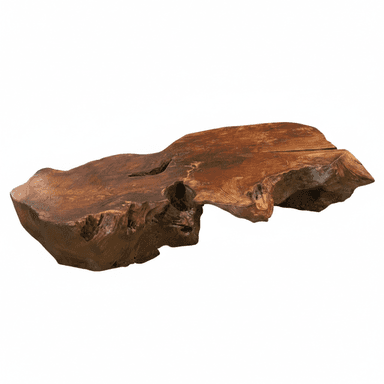 A unique coffee table crafted from a single slab of natural wood with an irregular, organic shape. The wood exhibits prominent grain patterns and natural imperfections, including cracks and holes, enhancing its rustic aesthetic. The surface appears to be finished and smoothed, while the edges retain their raw, natural form. — 3D model (AI enhanced source)