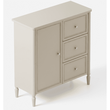 A compact, light beige storage unit featuring a cabinet door on the left and three stacked drawers on the right, all adorned with decorative beaded trim and brass knob hardware. It stands on four tapered, turned legs. — 3D model (AI enhanced source)
