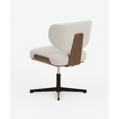 An upholstered swivel chair featuring a distinct curved bentwood shell that forms the lower back and seat structure, contrasted with a light-colored fabric upholstery for comfort. The chair rests on a matte black four-star swivel base. — 3D model (AI enhanced source)