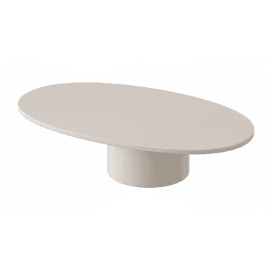 An oval-shaped coffee table with a single, central cylindrical pedestal base, rendered in a uniform light beige or off-white color with a smooth, matte finish. The design is contemporary and minimalist. — 3D model (AI enhanced source)