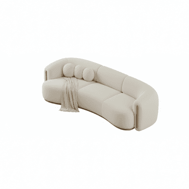 A contemporary, organically shaped sofa upholstered in a light cream or off-white boucle-style fabric, featuring a low profile, integrated curved armrests, and a wooden plinth base. It is accessorized with three spherical throw cushions and a draped blanket. — 3D model (AI enhanced source)