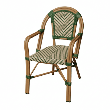 A light brown and green wicker armchair with a curved back and armrests. The seat and back are woven in a checkerboard pattern, alternating between light beige and green. The frame appears to be made of bent bamboo or rattan, with green wicker bindings at various joints. The chair has four legs, connected by crossbars for stability. It is designed for outdoor or bistro use. — 3D model (AI enhanced source)