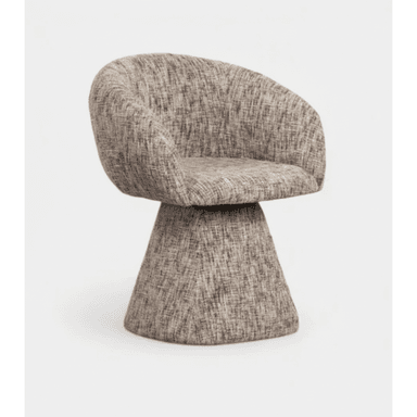 An upholstered lounge chair featuring a curved bucket-style seat with integrated armrests, supported by a wide, tapered cylindrical base. The entire chair is covered in a multi-tonal, textured fabric that gives it a tweed-like appearance. The base indicates a swivel mechanism. — 3D model (AI enhanced source)