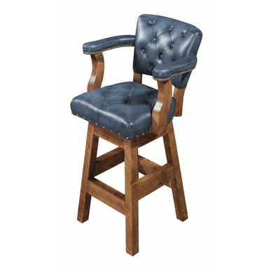 A traditional style bar stool featuring a sturdy wooden frame, blue tufted leatherette upholstery, and integrated armrests. The seat is accented with brass nailhead trim and includes a swivel mechanism. — 3D model (AI enhanced source)