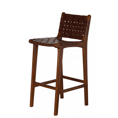 A tall bar stool featuring a solid wood frame with a dark brown finish and a seat and backrest made from woven reddish-brown leather strips. The stool has four tapered legs connected by stretchers forming a footrest around the perimeter. The backrest is low and slightly curved. — 3D model (AI enhanced source)