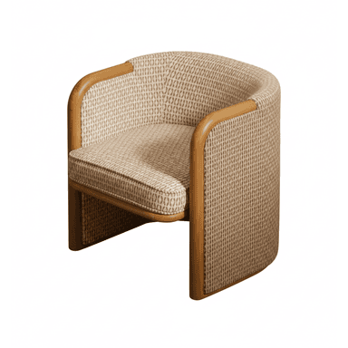A contemporary upholstered tub chair featuring a rounded back and seat, with a distinctive exposed light wood frame. The chair is upholstered in a beige or tan fabric with a subtle geometric pattern. It includes a separate, well-cushioned seat pad. — 3D model (AI enhanced source)