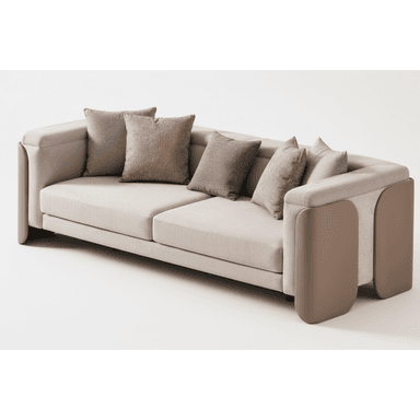A contemporary two-seat sofa featuring light beige fabric upholstery and distinctive padded armrests. The sofa has a low-profile design with two large seat cushions and multiple loose back cushions in varying shades of brown and beige. The armrests are broad and incorporate a contrasting, rounded, padded panel on the exterior, contributing to its modern aesthetic. — 3D model (AI enhanced source)
