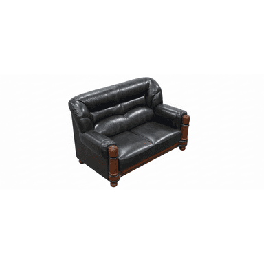 A traditional-style two-seater loveseat upholstered in dark, possibly distressed, leather. It features rolled arms, a button-tufted backrest, and exposed turned wooden legs and frame accents. — 3D model (AI enhanced source)